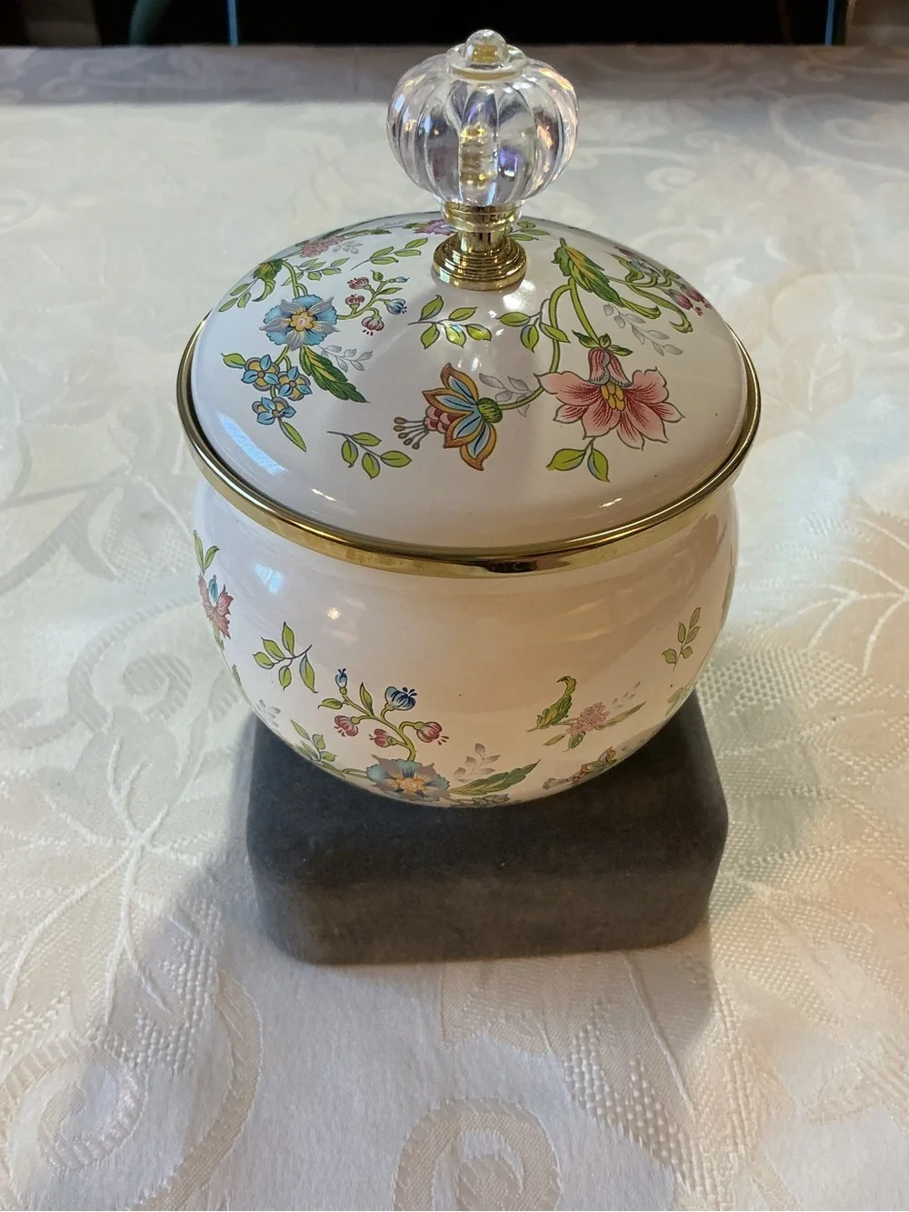 Cottagecore Floral Enamel Cream and Gold Tone Lidded Jar